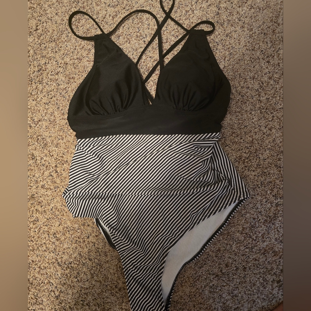 Black and White Striped Swimsuit